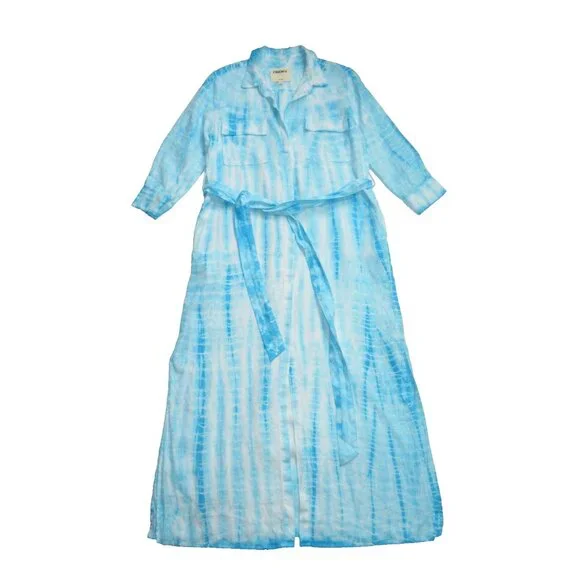 L'Agence Cameron in Aqua Bamboo Tie Dye Linen Belted Maxi Shirt Dress M